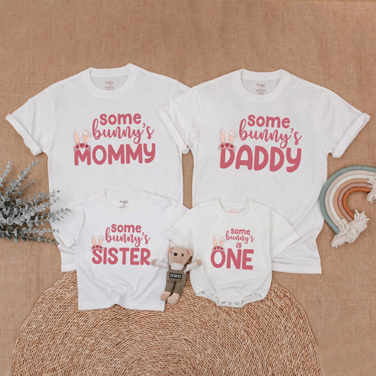 Some Bunny Is One First Birthday Matching Family Outfit Pink Floral Bunny Ears Baby Girl Romper Mommy Daddy Sister Shirts Soft Cotton Playful Design