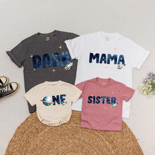 Personalized Space Birthday Family Matching T-Shirts with Rocket Starry Night Yellow Stars for First Trip Around The Sun 1st Birthday Boy Celebration