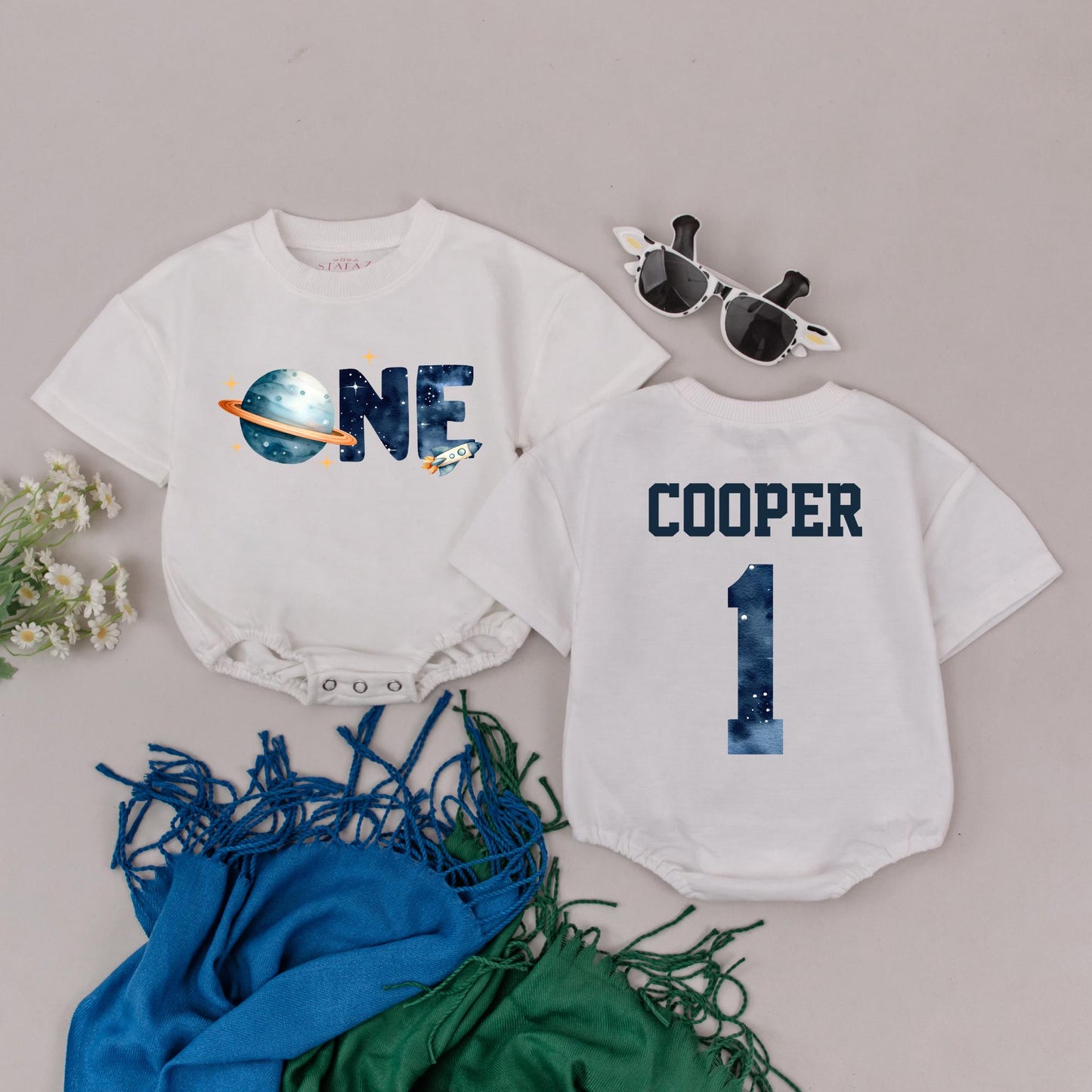 Personalized Space Birthday Family Matching T-Shirts with Rocket Starry Night Yellow Stars for First Trip Around The Sun 1st Birthday Boy Celebration