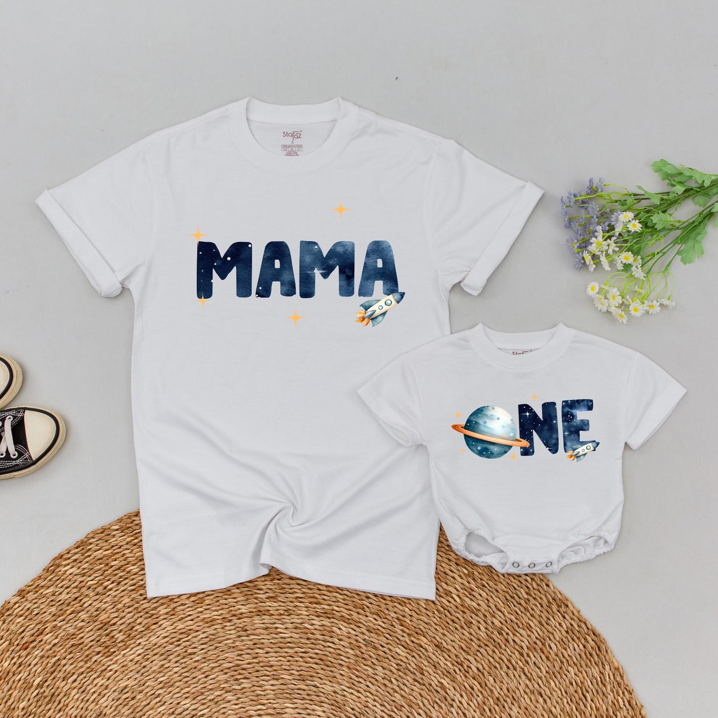 Personalized Space Birthday Family Matching T-Shirts with Rocket Starry Night Yellow Stars for First Trip Around The Sun 1st Birthday Boy Celebration