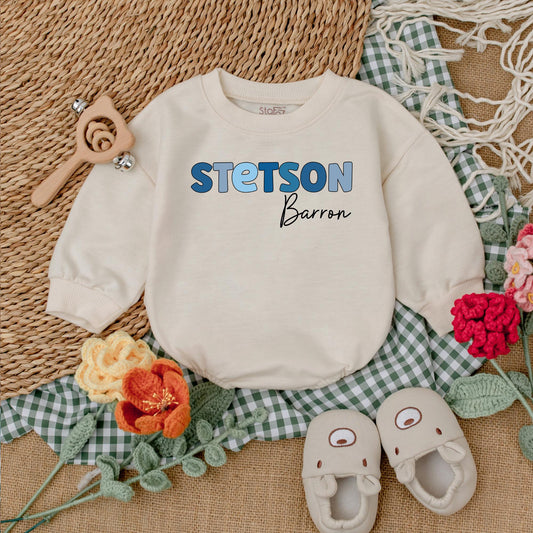 Custom Name Baby Boy Bubble Romper Blue Letter Design for Newborns, Unique Baby Shower Gift Outfit, Soft Cotton Baby Clothes