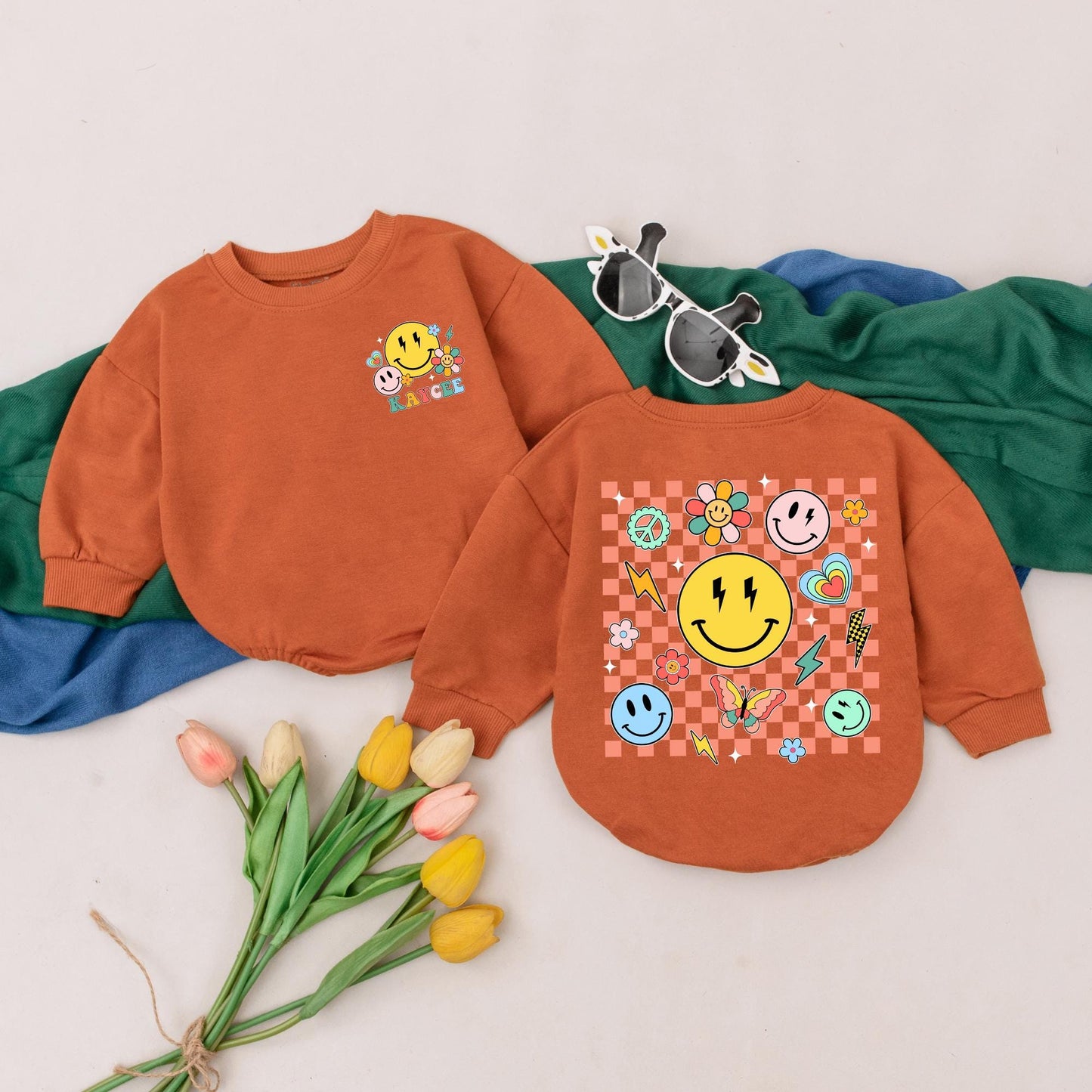 Retro Smile Face Romper Personalized Name Baby Girl Bodysuit Custom Infant Birthday Outfit Spring Shower Gift