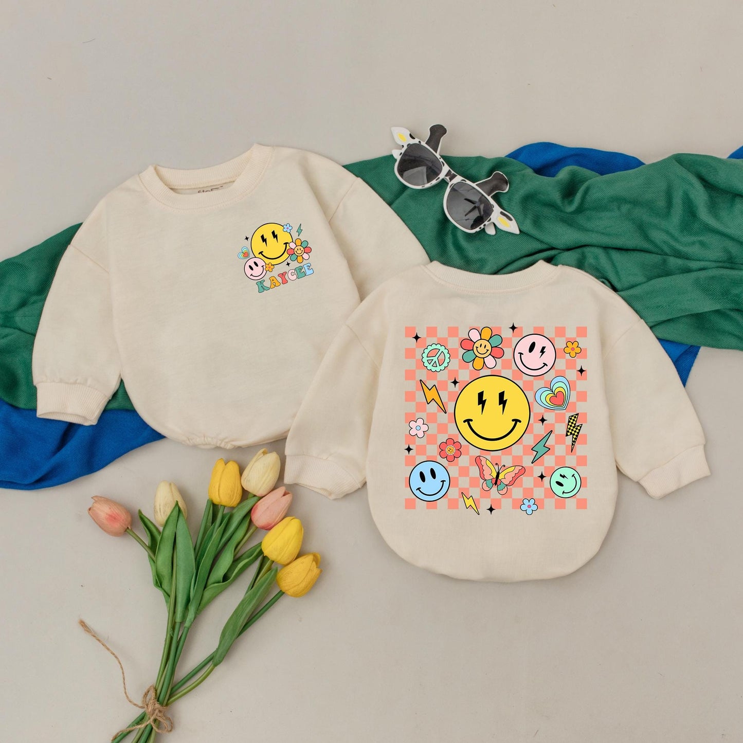 Retro Smile Face Romper Personalized Name Baby Girl Bodysuit Custom Infant Birthday Outfit Spring Shower Gift