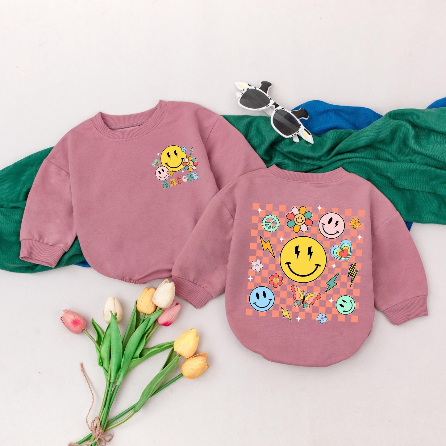 Retro Smile Face Romper Personalized Name Baby Girl Bodysuit Custom Infant Birthday Outfit Spring Shower Gift