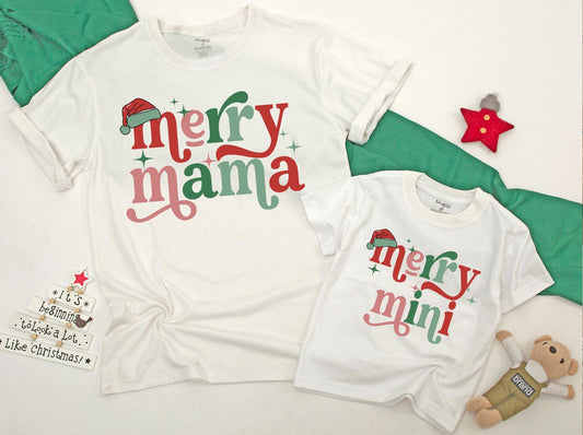 Merry Mama & Mini Matching Christmas Shirts, Retro Holiday Outfits, Personalized Mom and Baby Tee, Festive Daughter Toddler Gift, Red & Green Starbursts (138 chars)