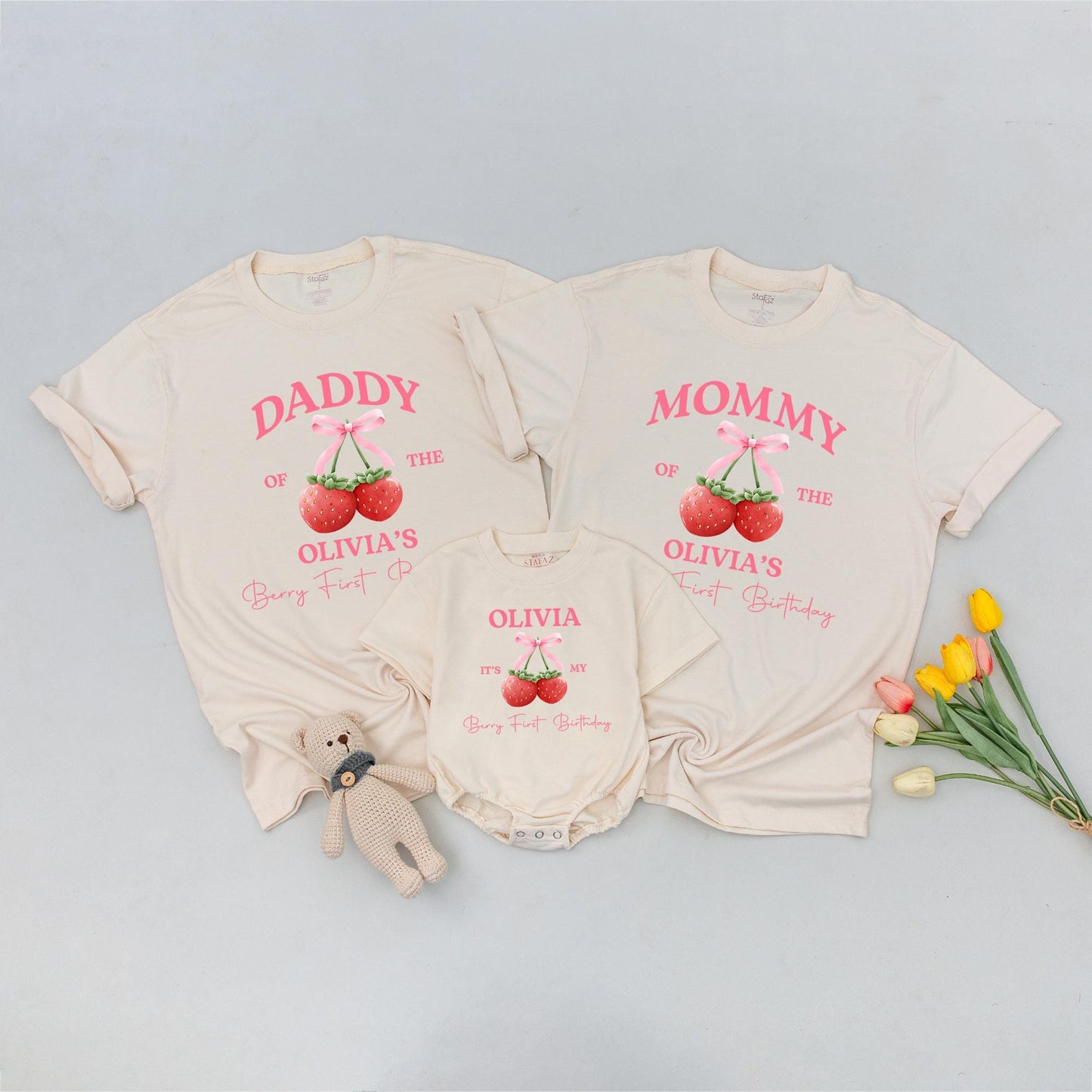 Mommy and Me Berry First Birthday Shirt Matching Family Outfit Sweet Pink Strawberry 1st Birthday Tee for Mom Dad and Baby Girl Boy Celebration
