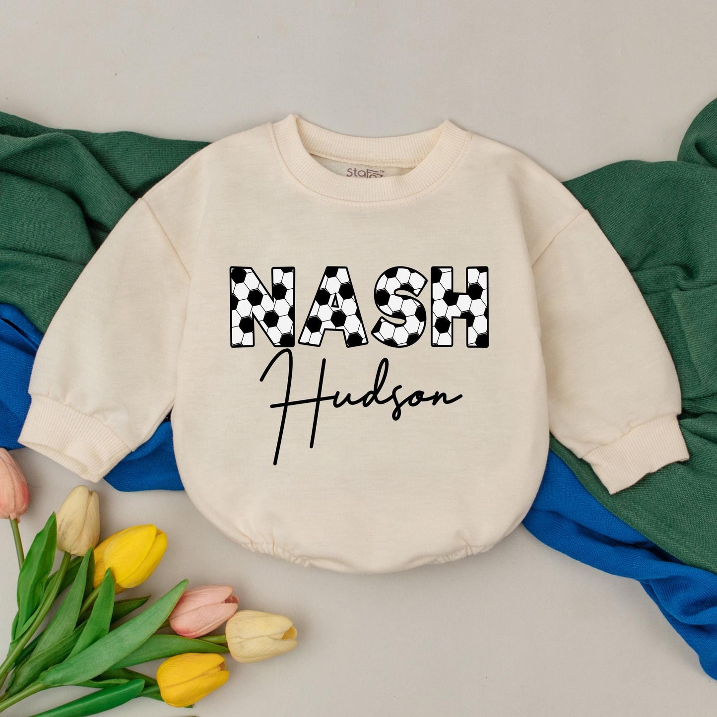 Personalized Soccer Romper Retro Game Day Style Natural Bubble Romper Football Season Baby Boy Outfit Custom Name Gameday Kid Gift 133 Chars
