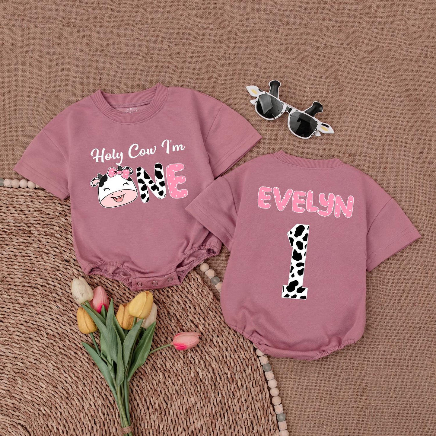 Holy Cow I'm One Romper for Baby Girl Cute Cow Birthday Outfit Custom Name 1st Birthday Gift