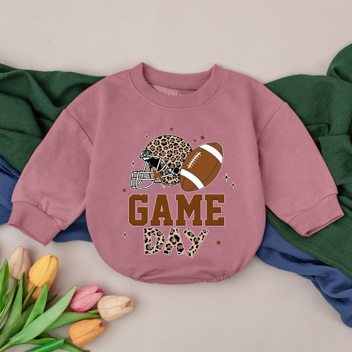 Personalized Football Baby Romper Retro Game Day Outfit, Baby Boy Gameday Season Gift, Newborn, Bubble Romper, Custom Name