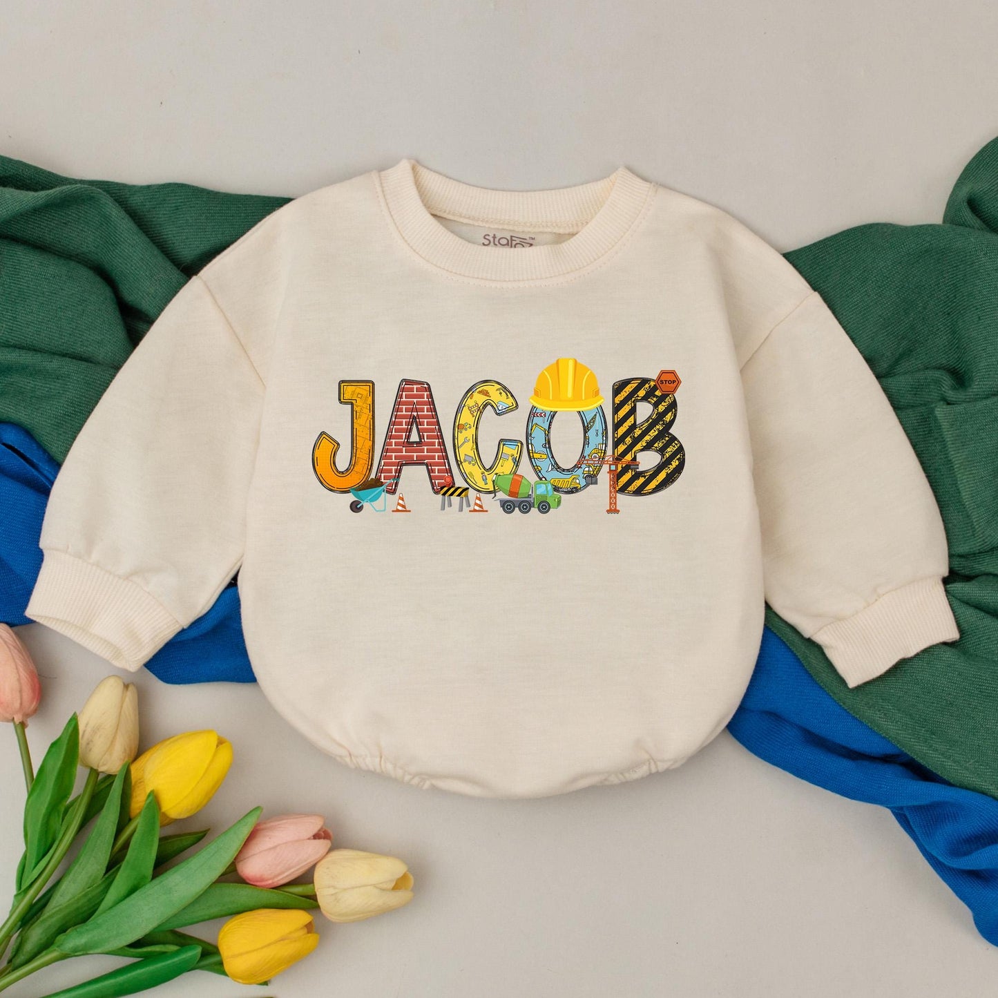 Personalized Name Construction Birthday Romper for Boys Excavator Dump Truck Baby Shower Gift Newborn Bodysuit Comfortable Infant Outfit