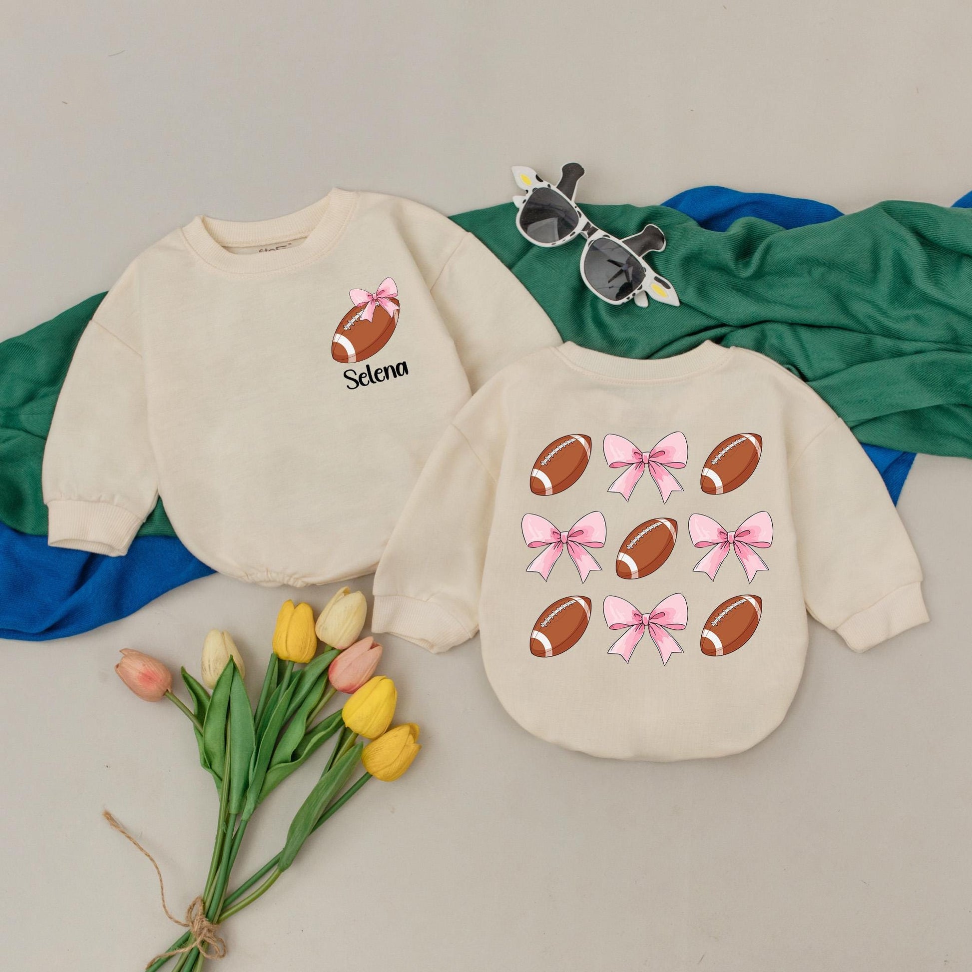 Personalized Football Bow Baby Romper Custom Name Retro Game Day Outfit Bubble for Baby Girl Boy Gameday Season Gifts
