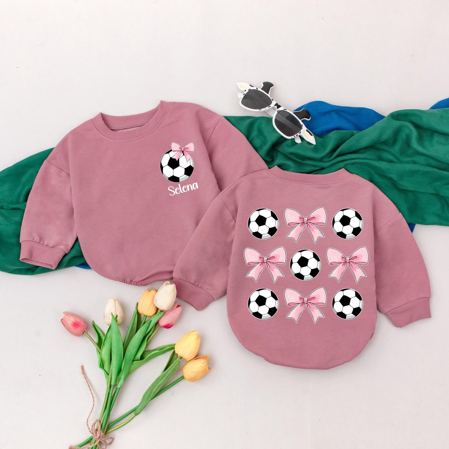 Personalized Soccer Bow Baby Romper, Retro Game Day Outfit for Baby Girls, Custom Name Bubble Romper, Perfect 1st Birthday Gift & Coming Home Clothes