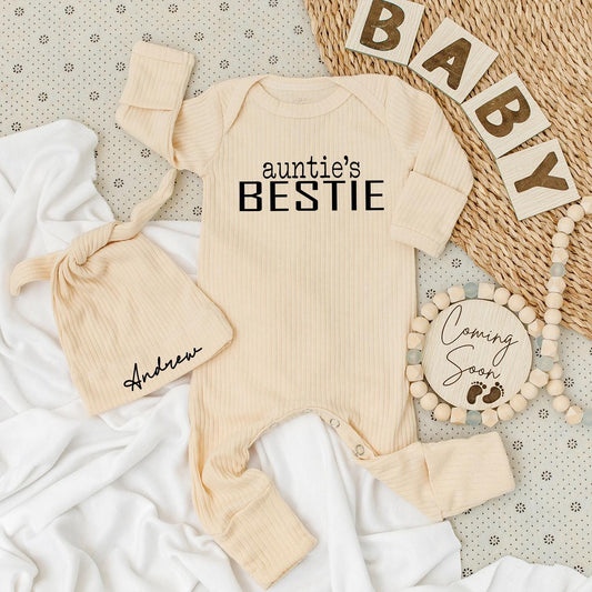 Auntie's Bestie Baby Bodysuit & Hat Set - Adorable Auntie Outfit, Cute Unisex Newborn Gift, Coming Home Outfit, Auntie Loves Me Bodysuit (139 chars)