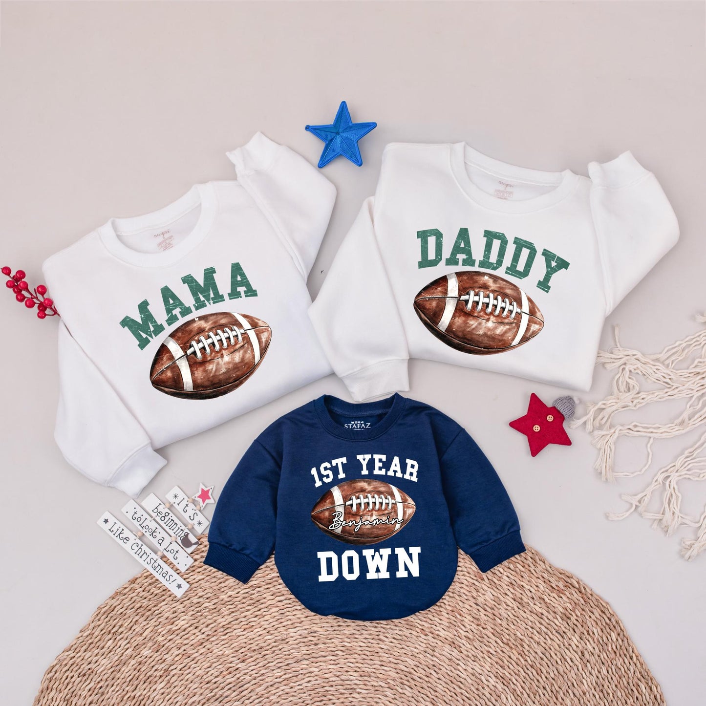 Custom Football First Birthday Boy "1st Year Down" Benjamin Shirt Daddy Mama Family Crew Party
