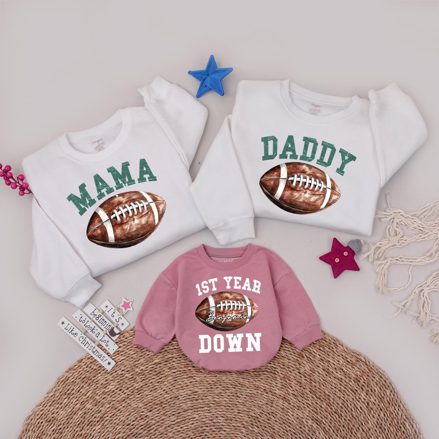 Custom Football First Birthday Boy "1st Year Down" Benjamin Shirt Daddy Mama Family Crew Party