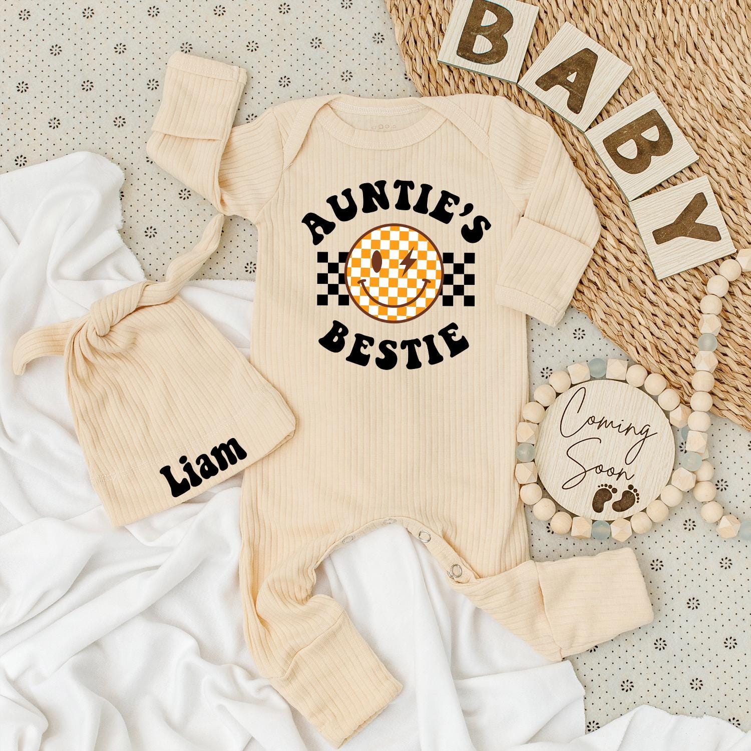 Auntie's Bestie Baby Bodysuit & Hat Set Cute Unisex Aunt Gift Newborn Going Home Outfit Adorable