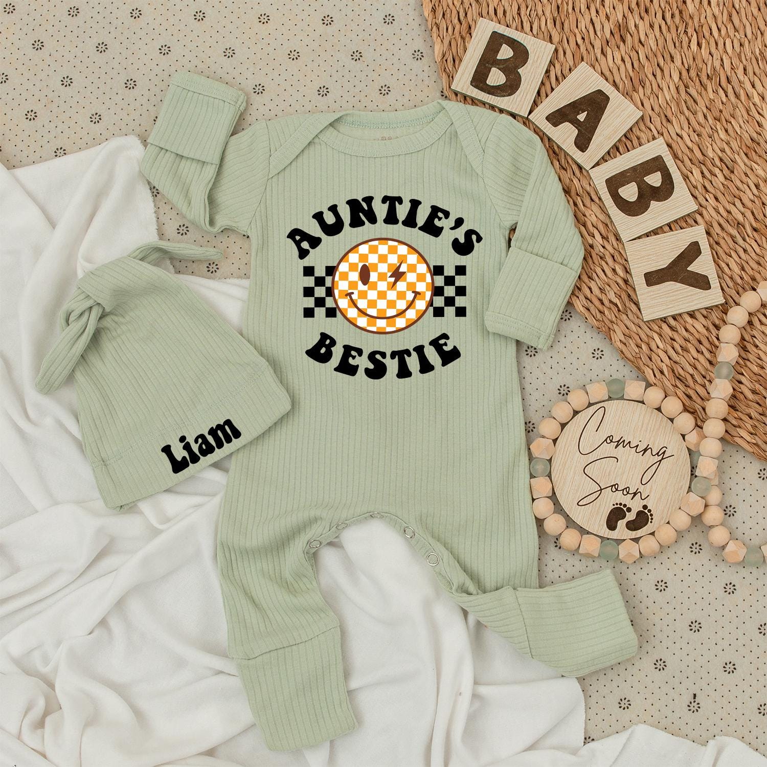 Auntie's Bestie Baby Bodysuit & Hat Set Cute Unisex Aunt Gift Newborn Going Home Outfit Adorable