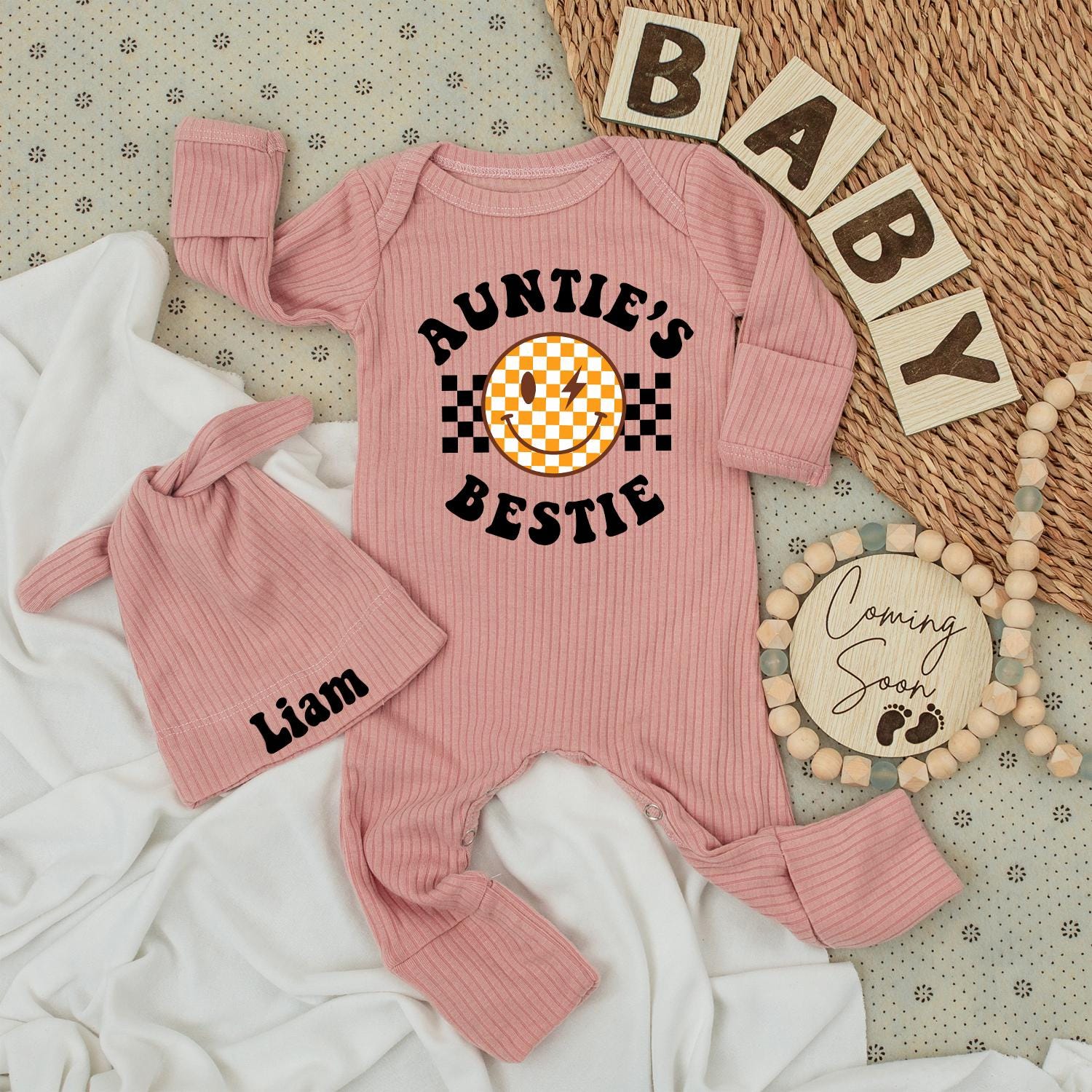 Auntie's Bestie Baby Bodysuit & Hat Set Cute Unisex Aunt Gift Newborn Going Home Outfit Adorable