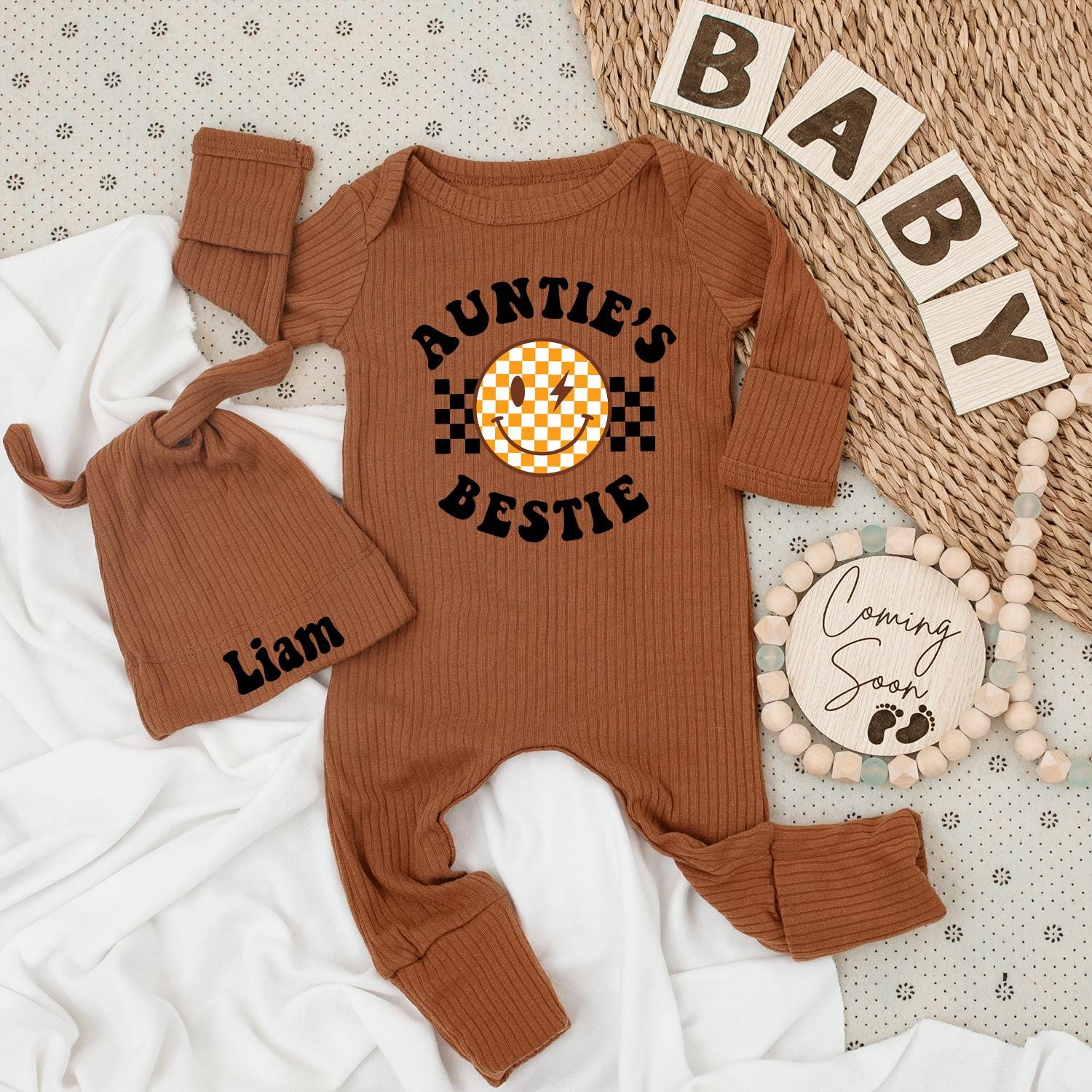 Auntie's Bestie Baby Bodysuit & Hat Set Cute Unisex Aunt Gift Newborn Going Home Outfit Adorable