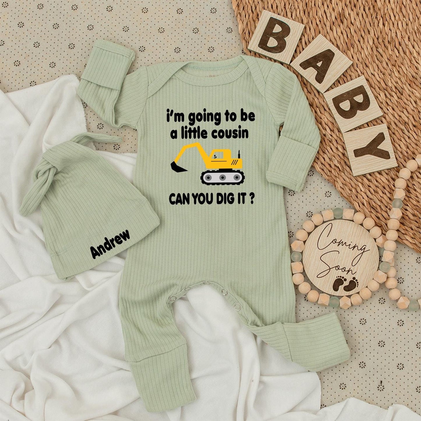 Little Cousin Construction Bodysuit & Hat Set "Can You Dig It?" Yellow Vehicle Baby Outfit Gift for Nephew Andrew