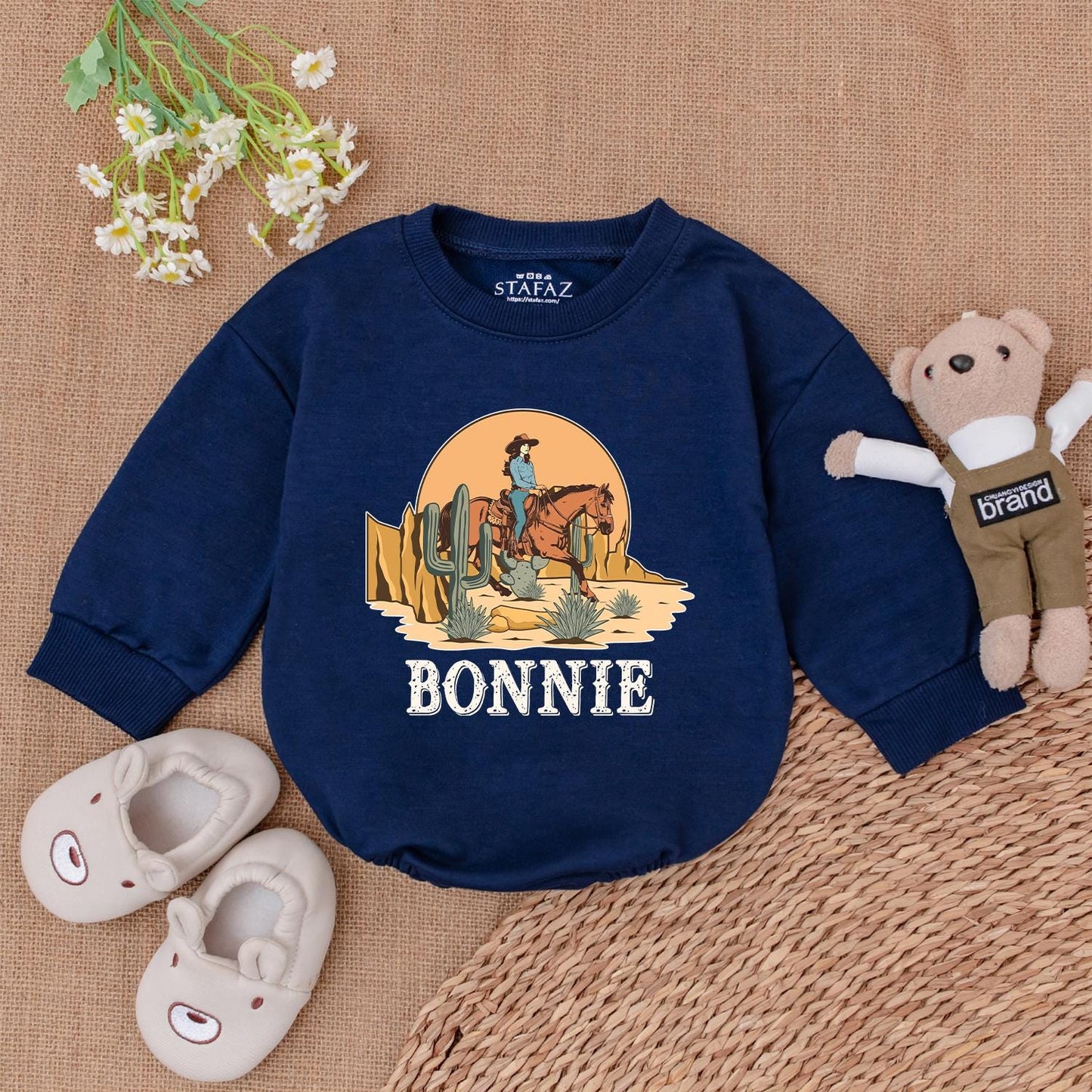 Bonnie's Retro Cowgirl Romper Western Horse Sunset Desert Toddler Baby Girl First Rodeo Birthday Outfit