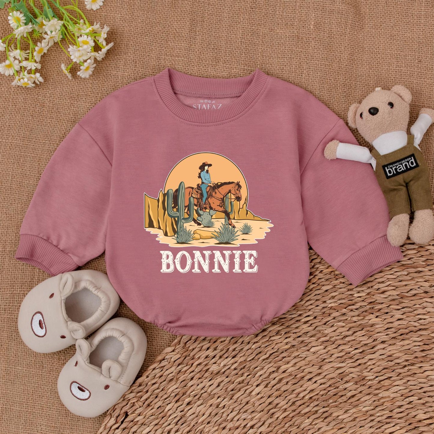 Bonnie's Retro Cowgirl Romper Western Horse Sunset Desert Toddler Baby Girl First Rodeo Birthday Outfit