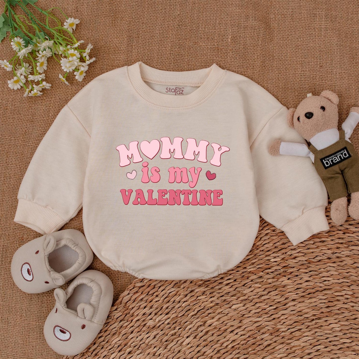 Mommy is My Valentine Baby Romper Retro Heart Outfit, Girls Valentine's Day Gift Bodysuit, Cute Newborn Clothes, First Valentines Outfit Soft Pink