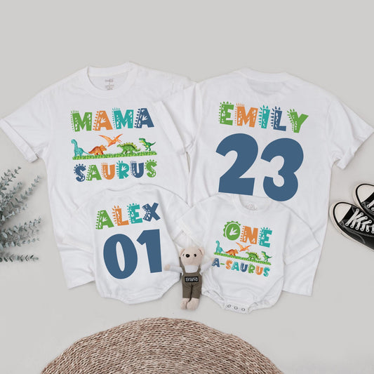 Matching Family Dinosaur Birthday Shirts Mama Saurus Dada Saurus Tees for Kids 1st 2nd 3rd Birthday Parties vibrant cartoon Dino designs