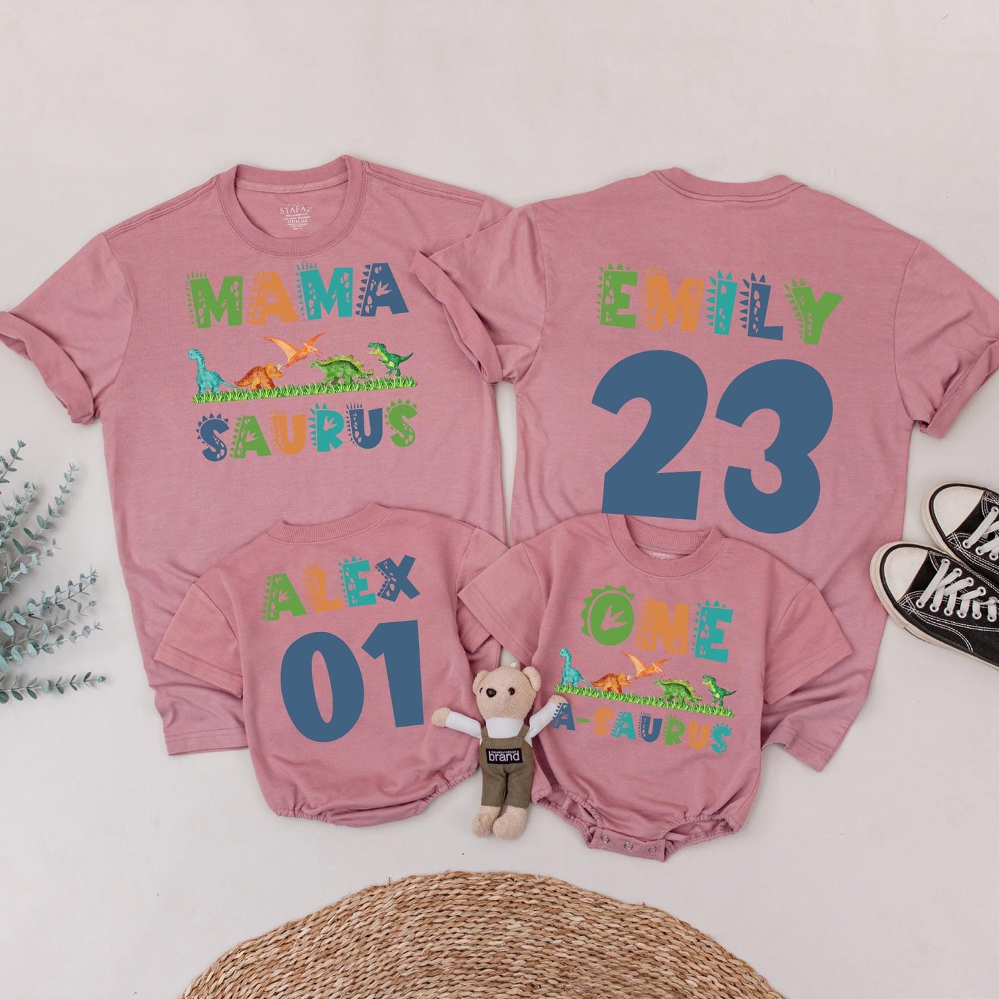 Matching Family Dinosaur Birthday Shirts Mama Saurus Dada Saurus Tees for Kids 1st 2nd 3rd Birthday Parties vibrant cartoon Dino designs
