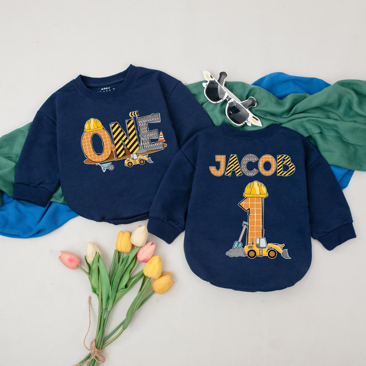 First Birthday Construction Romper for Baby Boy, Custom Name Excavator Truck Design, 1st Birthday Outfit, Personalized Newborn Gift