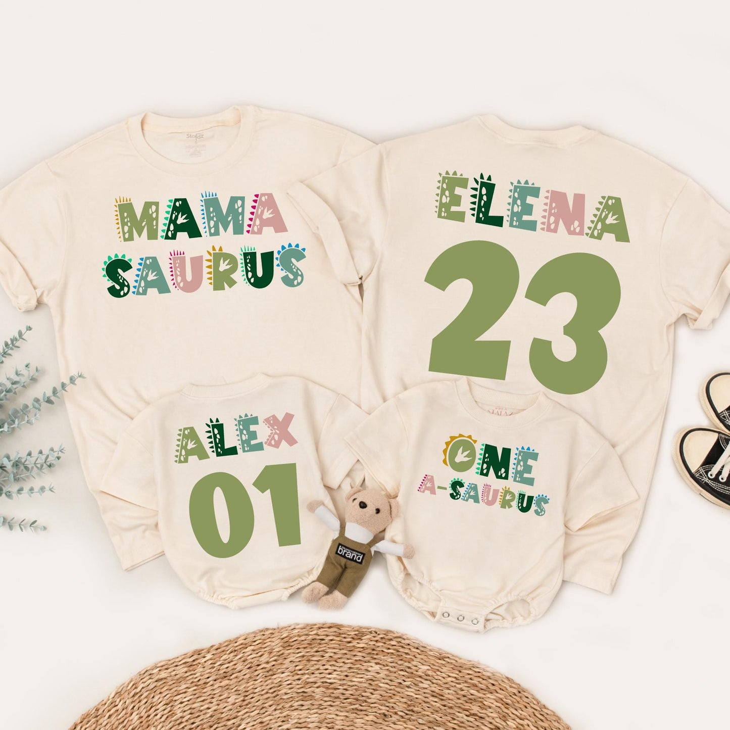 Personalized Mama Saurus Dada Saurus Matching Family Dinosaur Birthday Shirts Kids 1st Dino Tee Custom Whimsical Green Pink Design