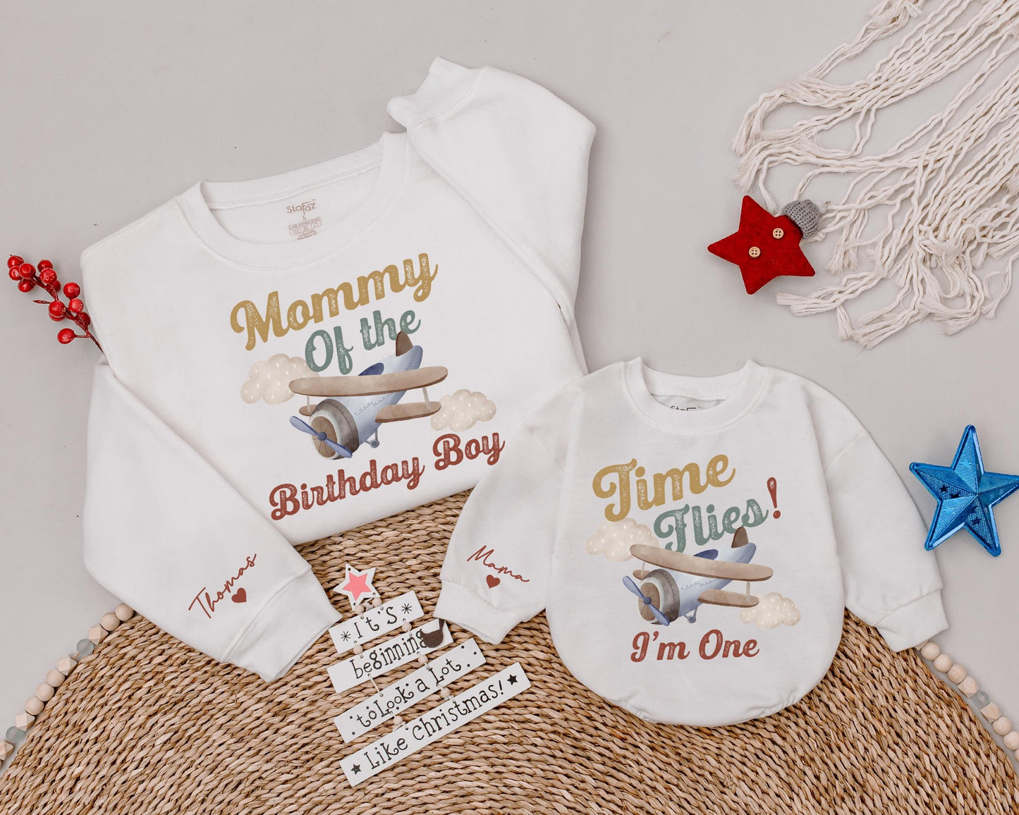 Time Flies Birthday Sweatshirt Flying Into One Vintage Airplane Birthday Party Flight Crew Family Shirt