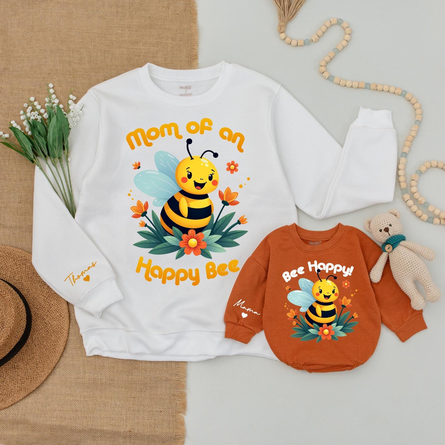 Bee Happy Family Matching Sweatshirt Set Honey Bee Toddler Shirt Mommy To Bee Baby Romper Cozy Cotton Holiday Gift