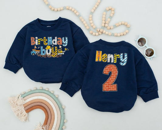 Construction Birthday Boy Outfit Personalized Name Romper First Birthday Yellow Truck Bodysuit Toddler Sweatshirt Family Party Celebration (139 chars)