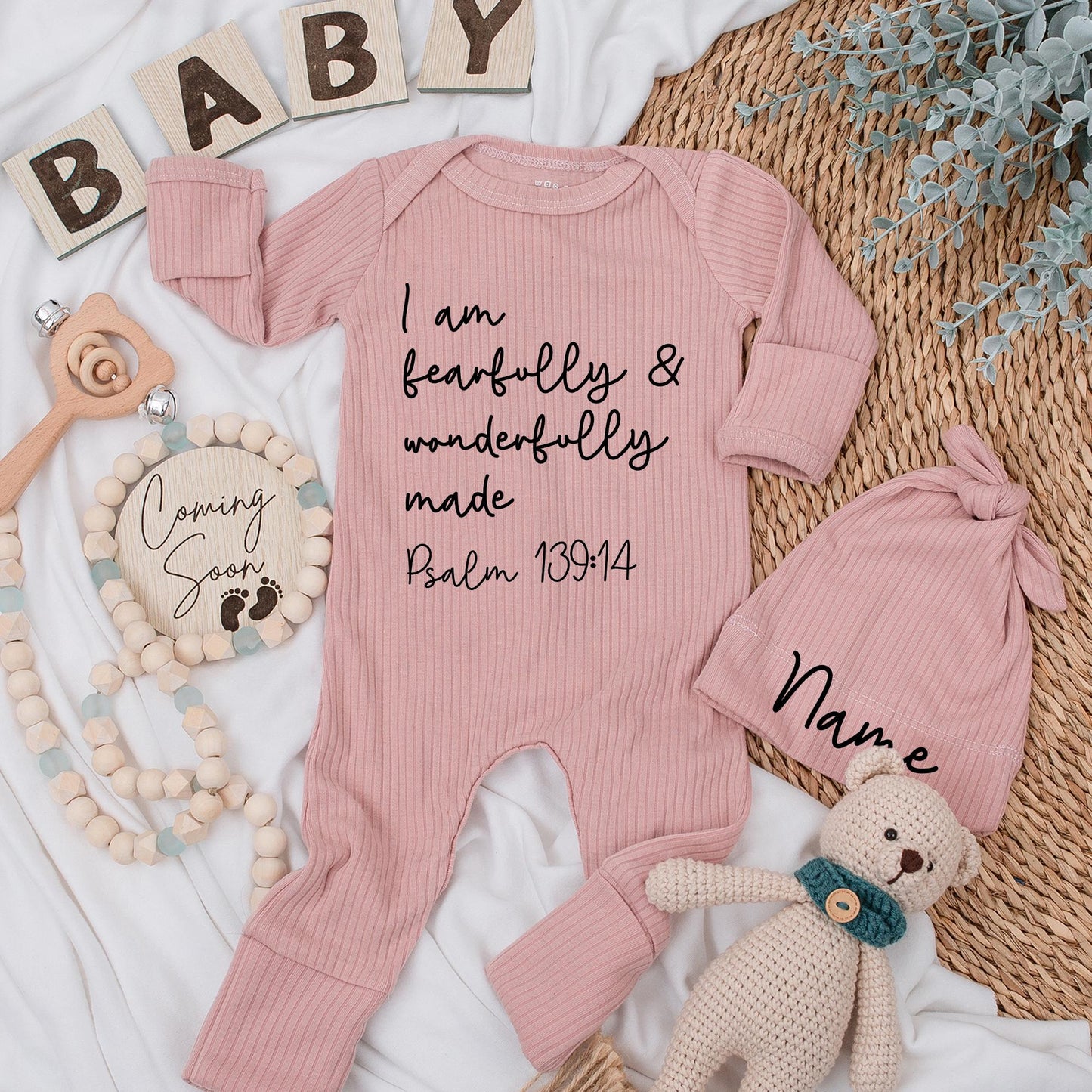Fearfully Made Baby Bodysuit Psalm 139:14 Christian Newborn Romper Set Simple Modern Black Text Unisex Gift Coming Home Outfit Shower Present 138chars