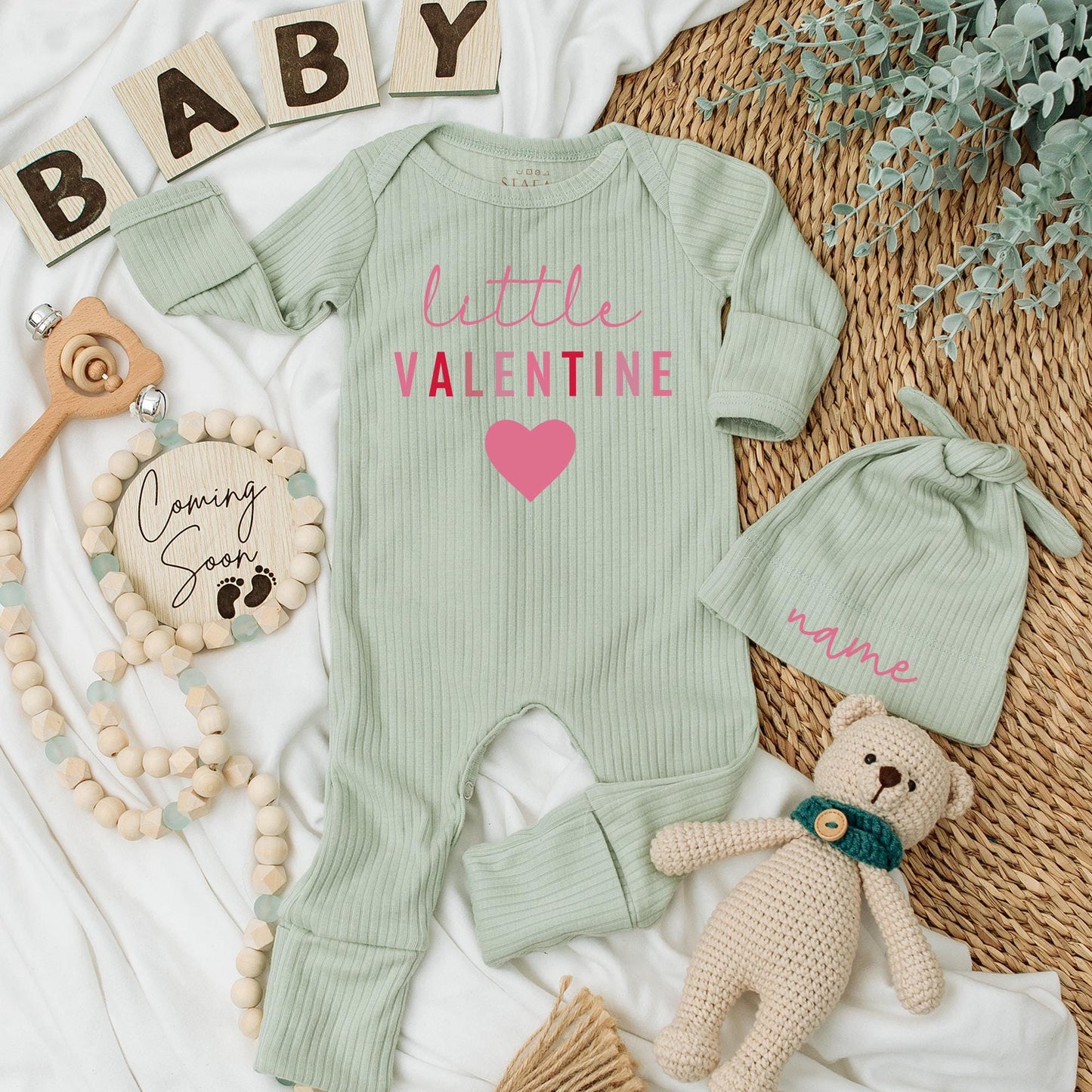 Sweet Valentine Baby Bodysuit and Hat Set Adorable Newborn Valentine's Day Custom Outfit Perfect Gift for New Arrivals