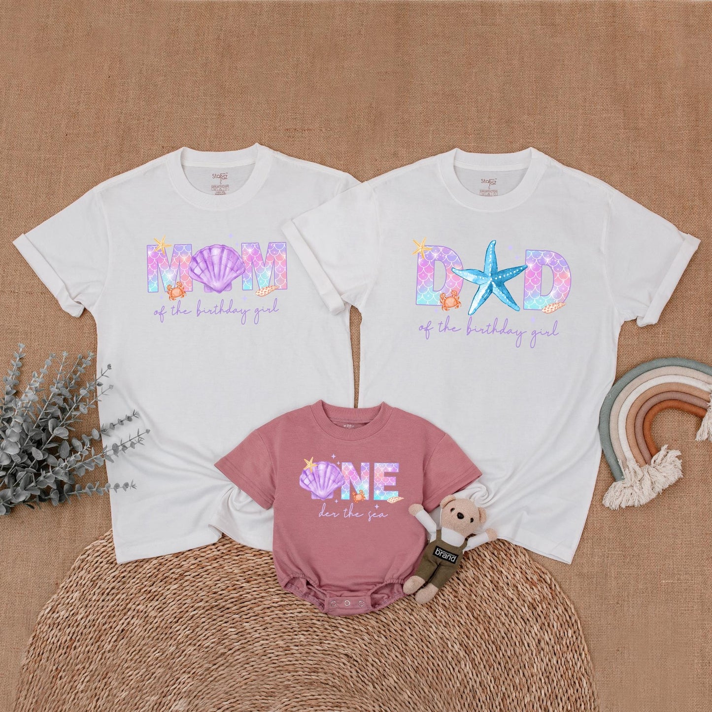 Whimsical Mermaid Birthday Family Shirts Pastel Purple Pink Blue Scale Crab Starfish Shells Mom Dad Birthday Girl Outfit Matching