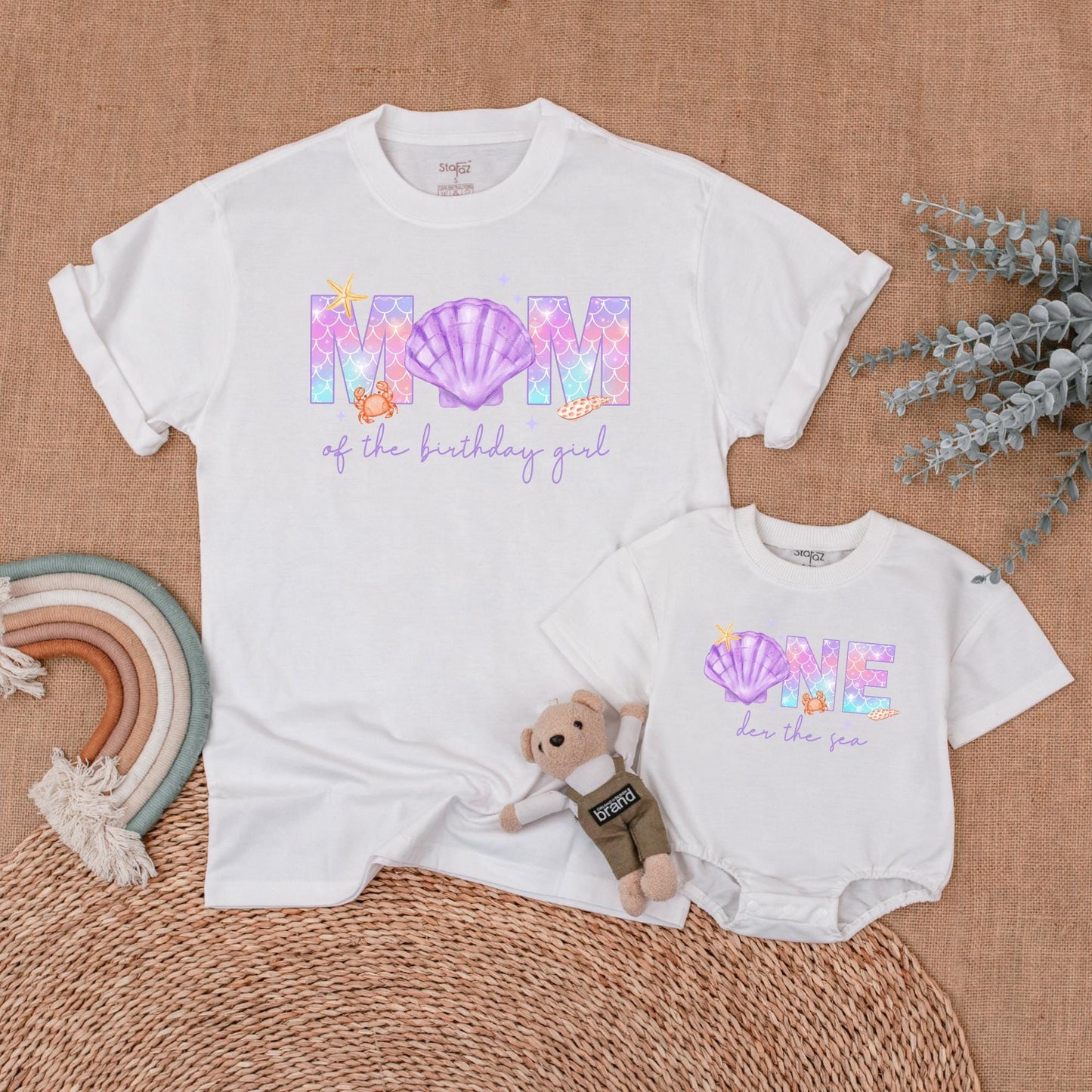 Whimsical Mermaid Birthday Family Shirts Pastel Purple Pink Blue Scale Crab Starfish Shells Mom Dad Birthday Girl Outfit Matching