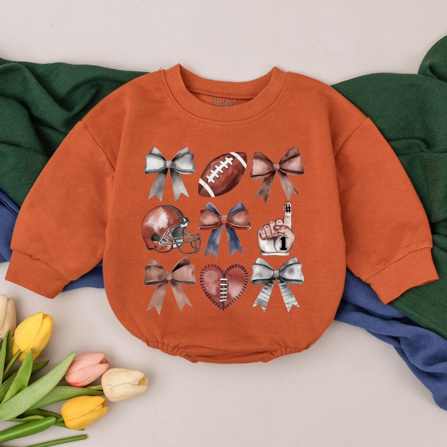 Personalized Football Bow Baby Romper Retro Game Day Outfit Custom Name Bubble Romper Fall Season Sporty Clothes Newborn Toddler Gift