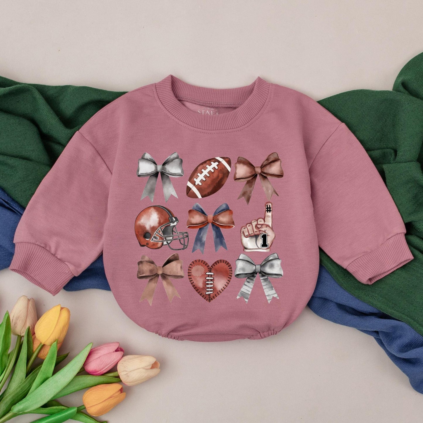 Personalized Football Bow Baby Romper Retro Game Day Outfit Custom Name Bubble Romper Fall Season Sporty Clothes Newborn Toddler Gift