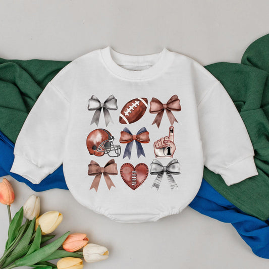 Personalized Football Bow Baby Romper Retro Game Day Outfit Custom Name Bubble Romper Fall Season Sporty Clothes Newborn Toddler Gift