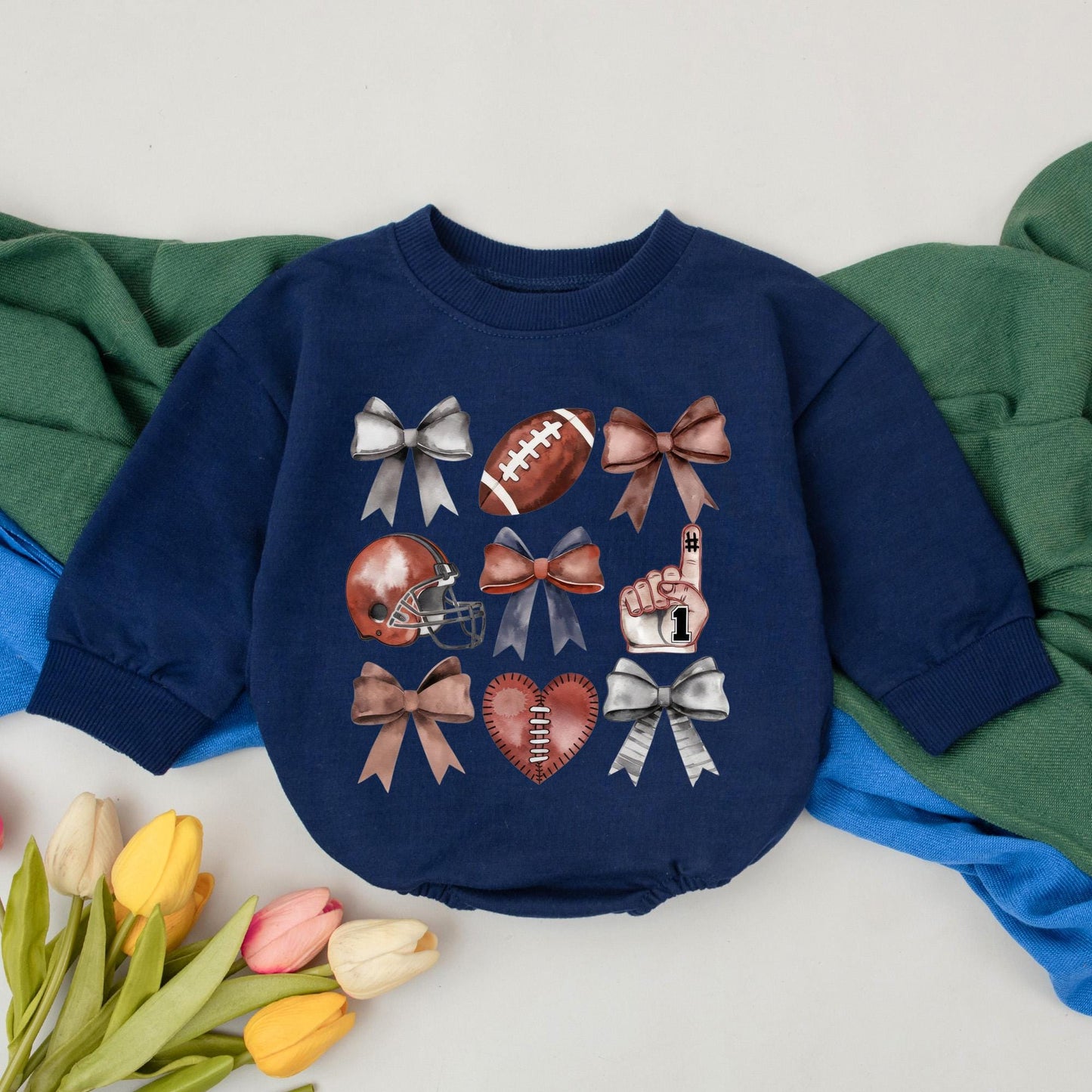 Personalized Football Bow Baby Romper Retro Game Day Outfit Custom Name Bubble Romper Fall Season Sporty Clothes Newborn Toddler Gift