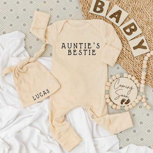 Auntie's Bestie Baby Bodysuit and Lucas Hat Set Adorable Unisex Infant Outfit Black Block Text Modern Typography Auntie Gift Idea