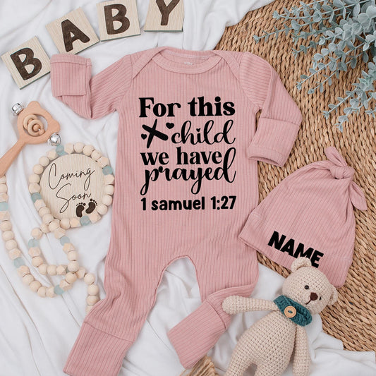 For This Child We Have Prayed Custom Name Baby Bodysuit Hat Newborn Outfit Gift Infant Pregnancy Reveal 1 Samuel 1:27 Black Print Heart Design