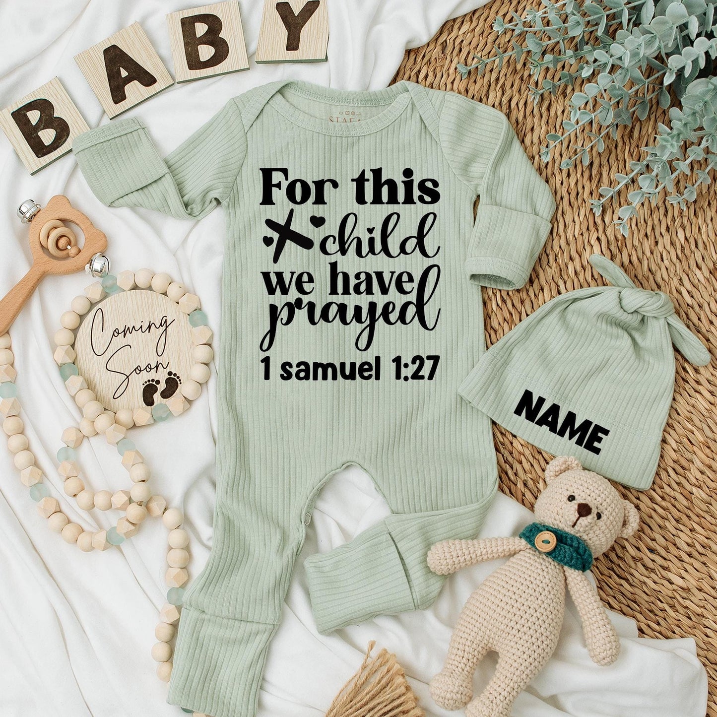 For This Child We Have Prayed Custom Name Baby Bodysuit Hat Newborn Outfit Gift Infant Pregnancy Reveal 1 Samuel 1:27 Black Print Heart Design