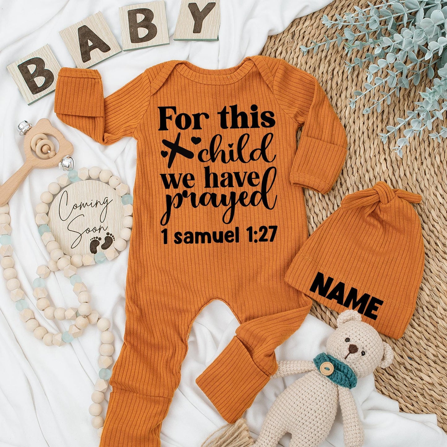 For This Child We Have Prayed Custom Name Baby Bodysuit Hat Newborn Outfit Gift Infant Pregnancy Reveal 1 Samuel 1:27 Black Print Heart Design