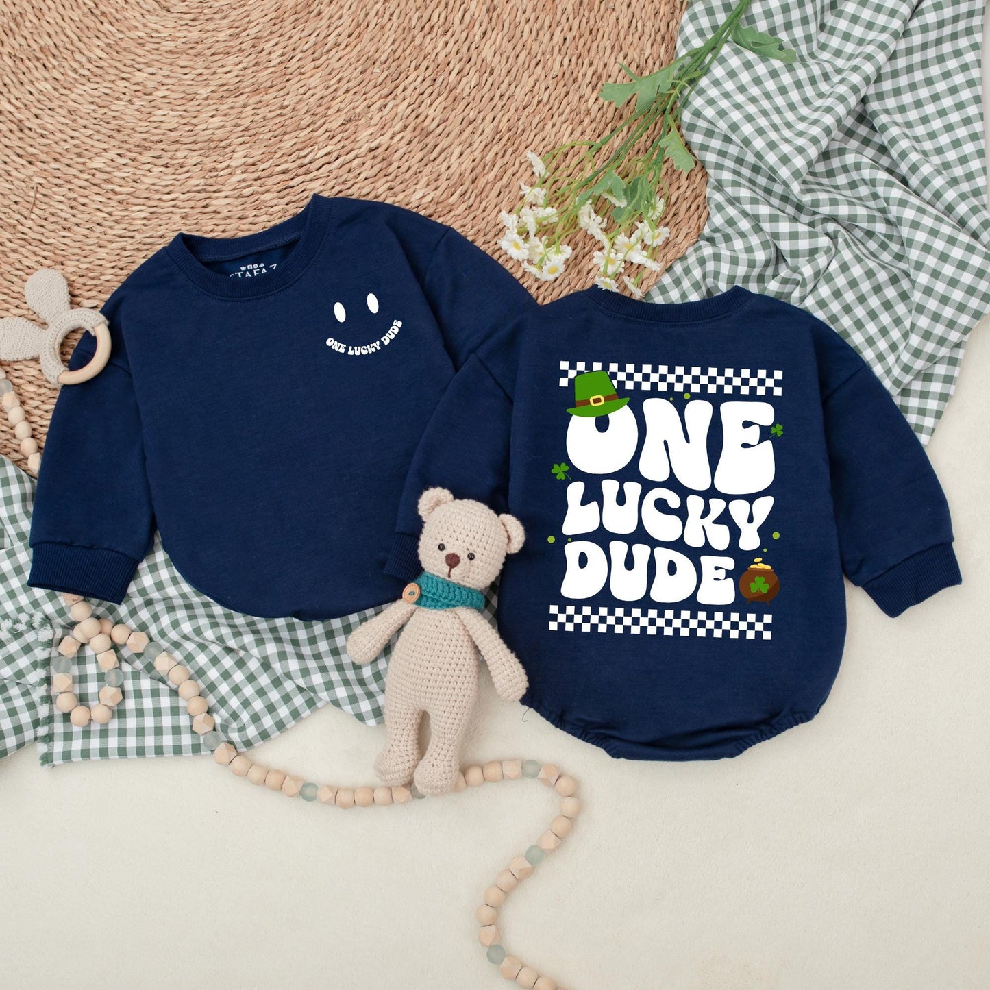 One Lucky Dude Baby Romper Retro Green Clover Bodysuit for St. Patrick's Day Outfit First Birthday Baby Shower Gift for Boys
