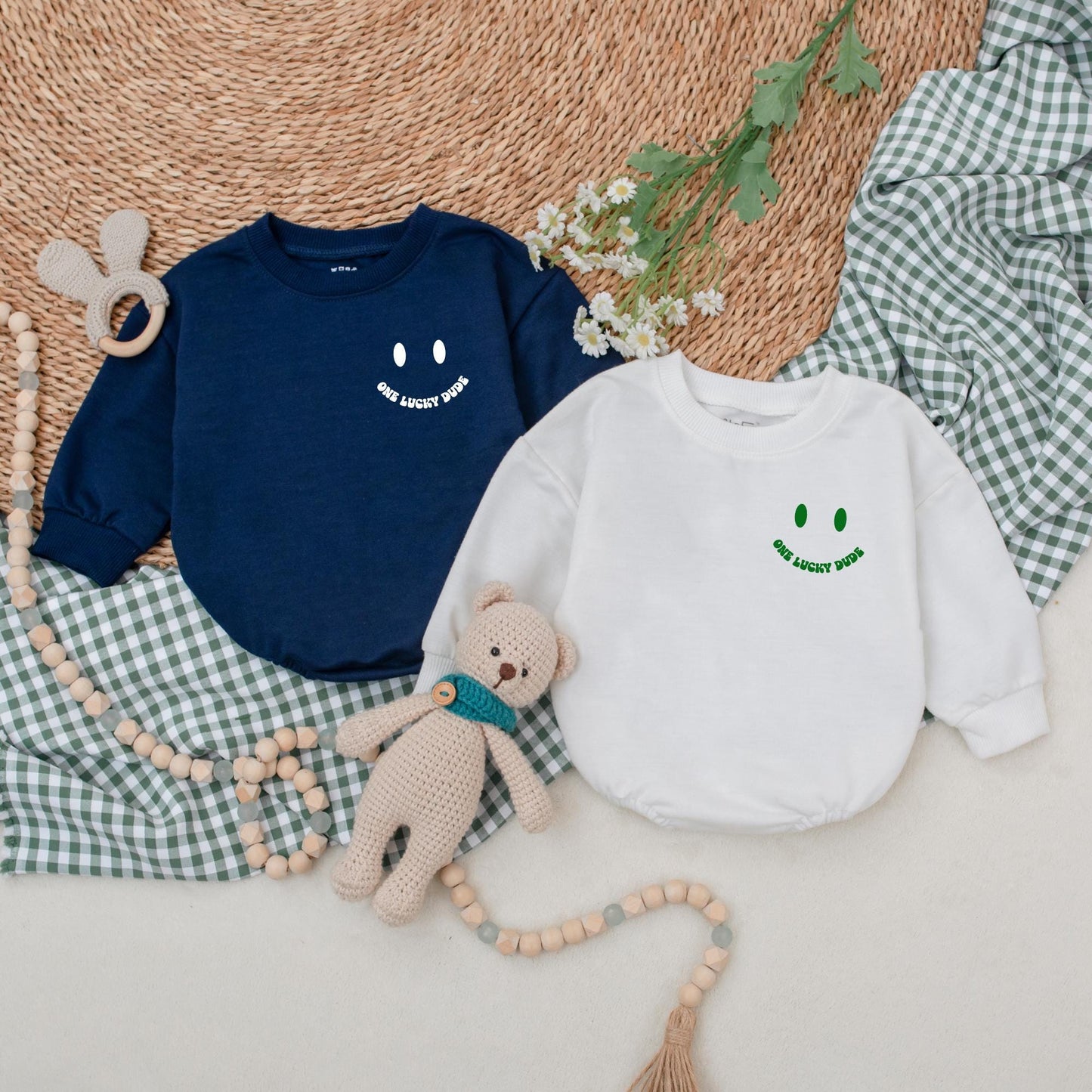 One Lucky Dude Baby Romper Retro Green Clover Bodysuit for St. Patrick's Day Outfit First Birthday Baby Shower Gift for Boys