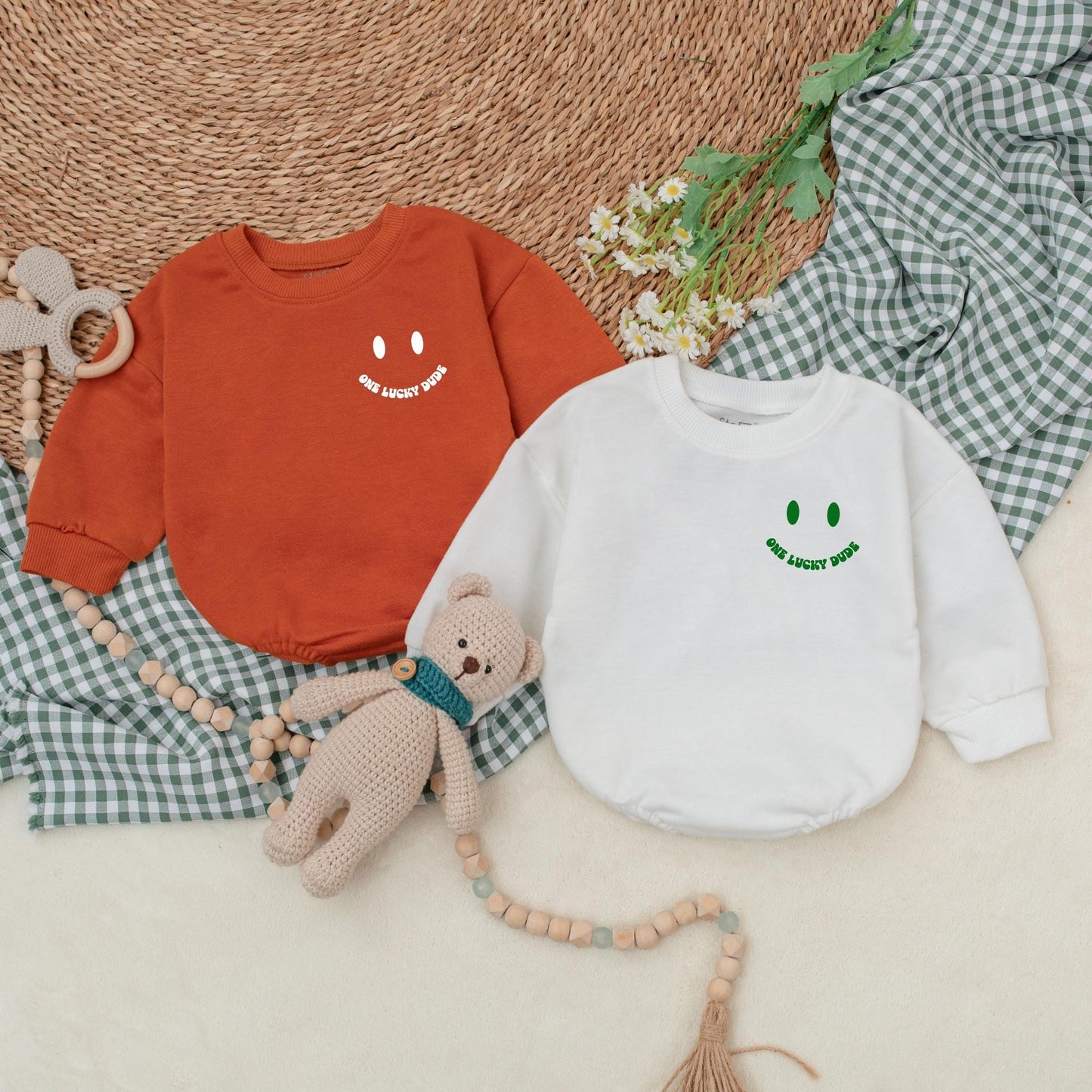 One Lucky Dude Baby Romper Retro Green Clover Bodysuit for St. Patrick's Day Outfit First Birthday Baby Shower Gift for Boys