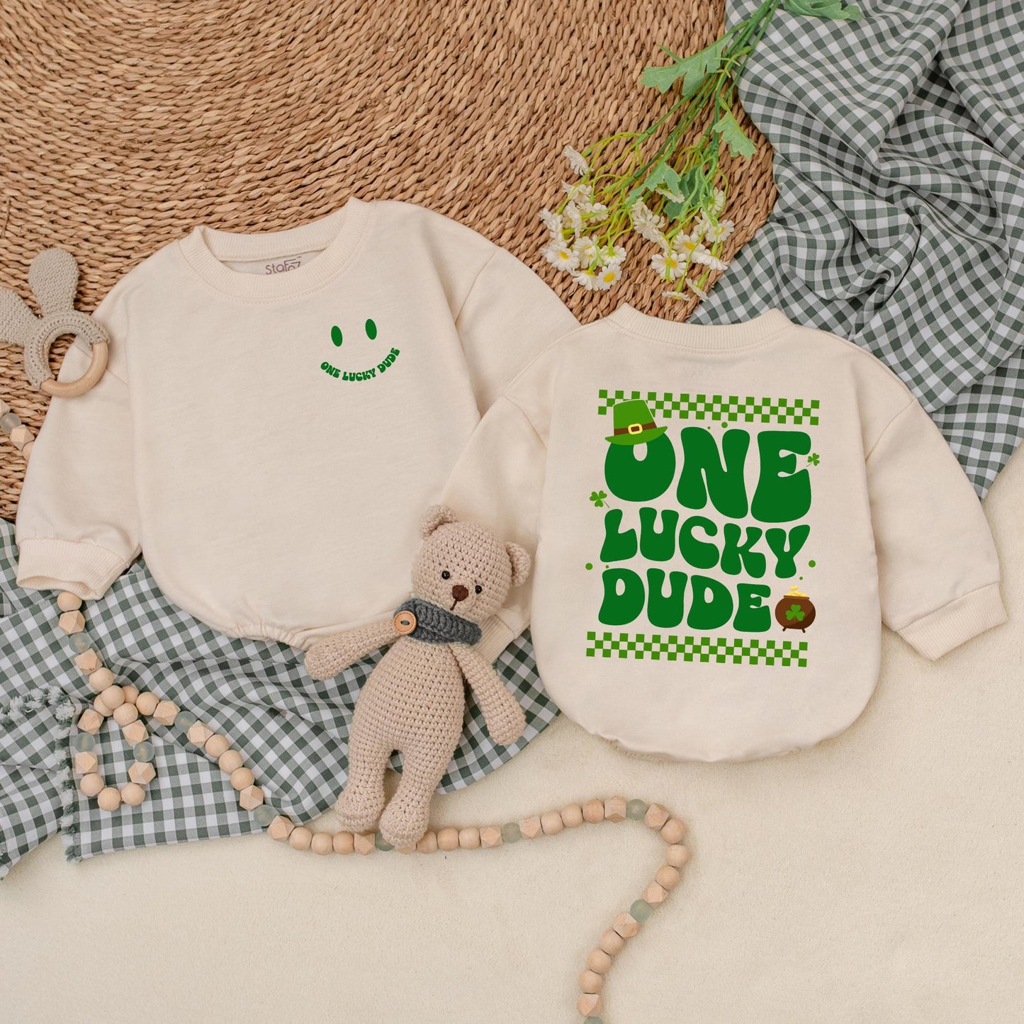 One Lucky Dude Baby Romper Retro Green Clover Bodysuit for St. Patrick's Day Outfit First Birthday Baby Shower Gift for Boys